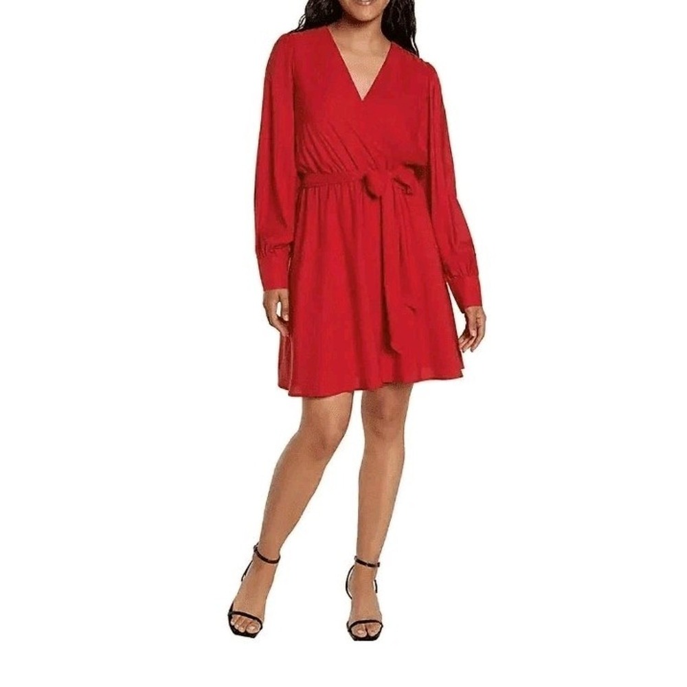Express Wrap Dress Womens Small Red Surplice V-Neck Bishop Sleeve Mini 6613